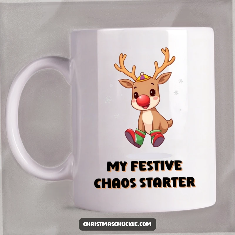 Funny mug featuring a cute reindeer dressed as a clown, wearing a red nose and big shoes, humorously juggling snowflakes with a joyful expression.
