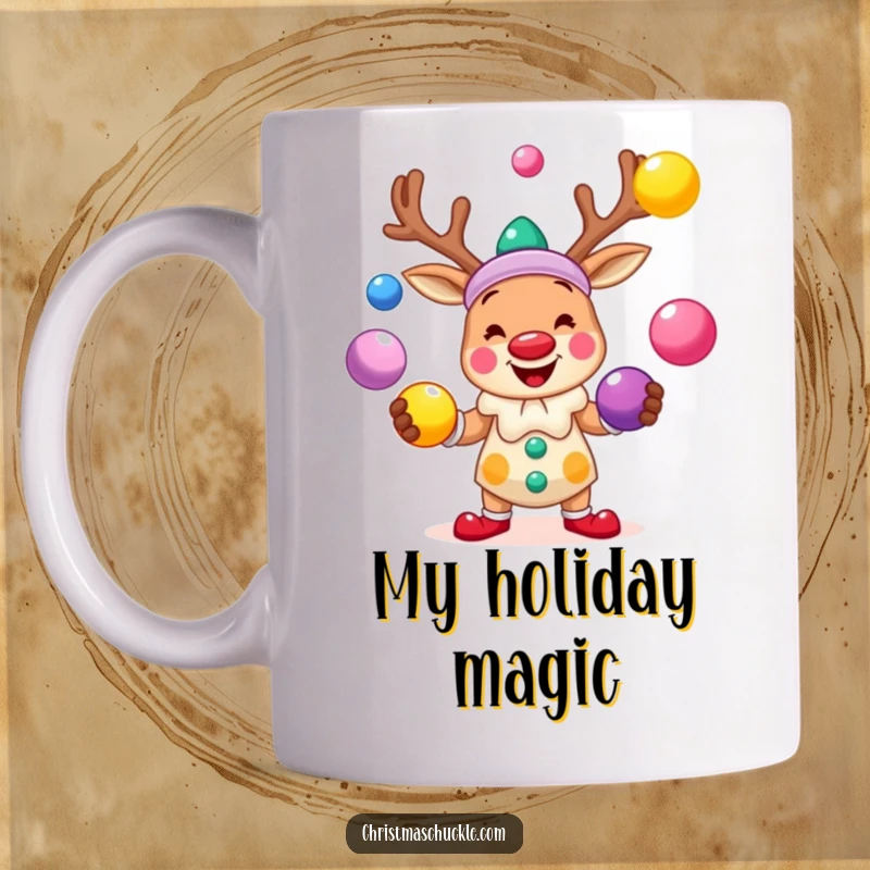 Funny mug depicting a smiling reindeer clown enthusiastically juggling brightly colored balls, spreading holiday circus joy.