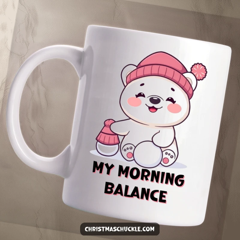 Funny mug featuring a giggling polar bear character struggling comically to balance a hat and a snowball, embodying playful winter chaos.