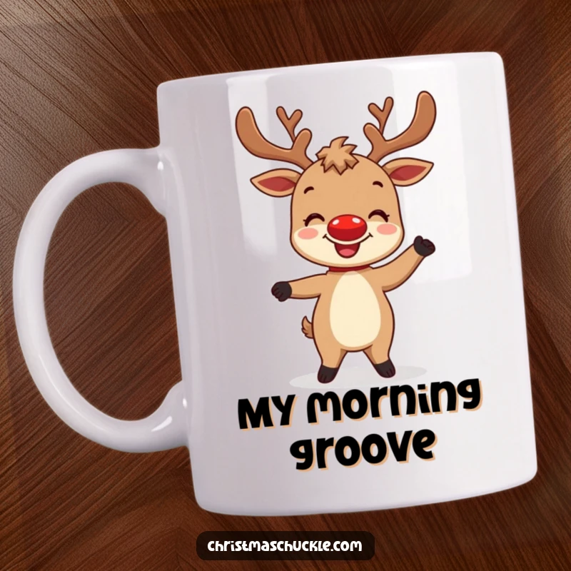 Funny mug featuring a delighted reindeer character with a bright red nose attempting a comical, silly dance, embodying holiday fun.
