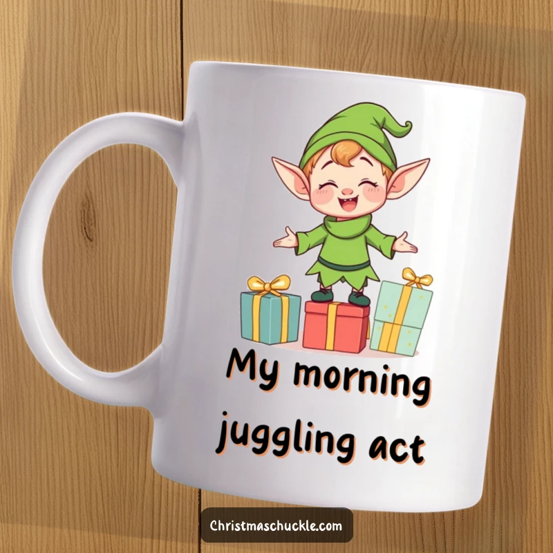 Funny clumsy elf character struggling to balance a pile of colorful presents on a ceramic mug, creating a humorous holiday scene.