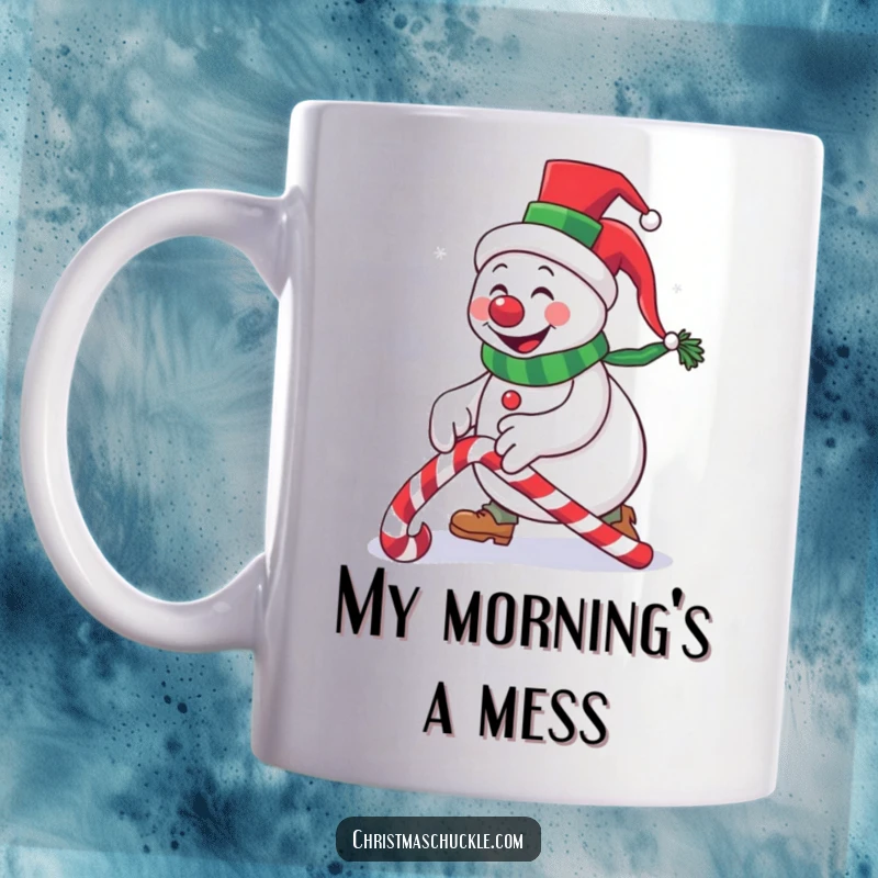 Funny snowman clown in a tiny top hat tripping over a candy cane, a humorous holiday mug design for laughter and festive joy.