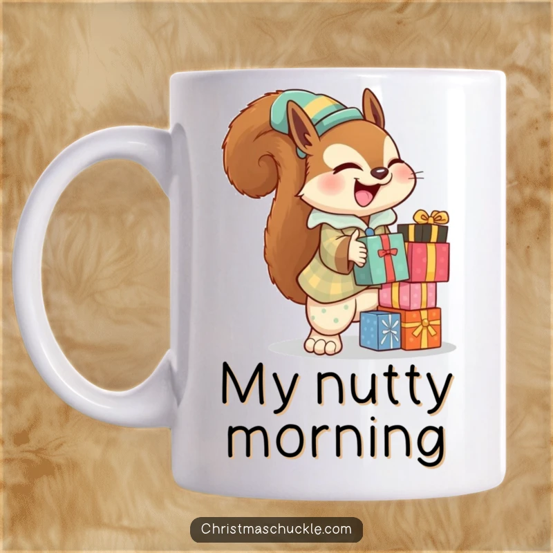 Funny squirrel clown mug with a giggling squirrel in a tiny clown suit, precariously balancing presents.