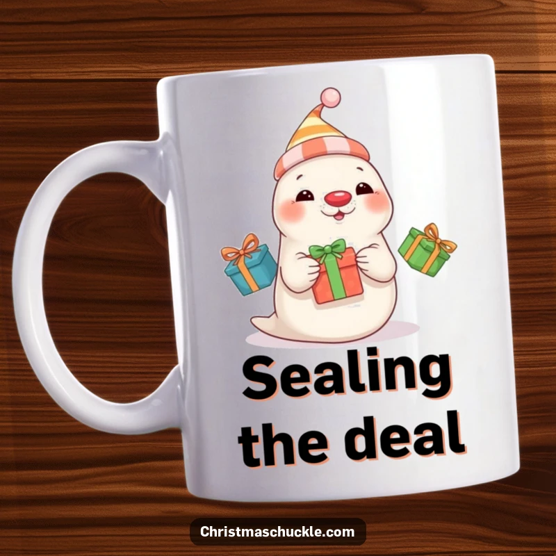 Funny seal clown in a hat and red nose juggles three colorful presents, perfect for a humorous mug.