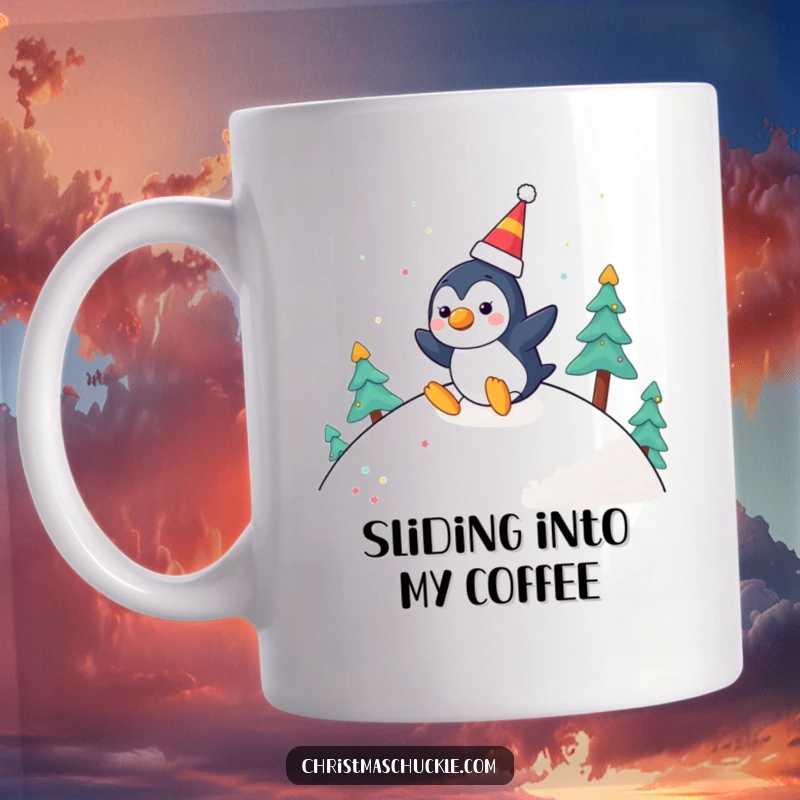 Funny mug featuring a cheerful penguin character wearing a clown nose, joyfully sliding down a festive snowy hill.