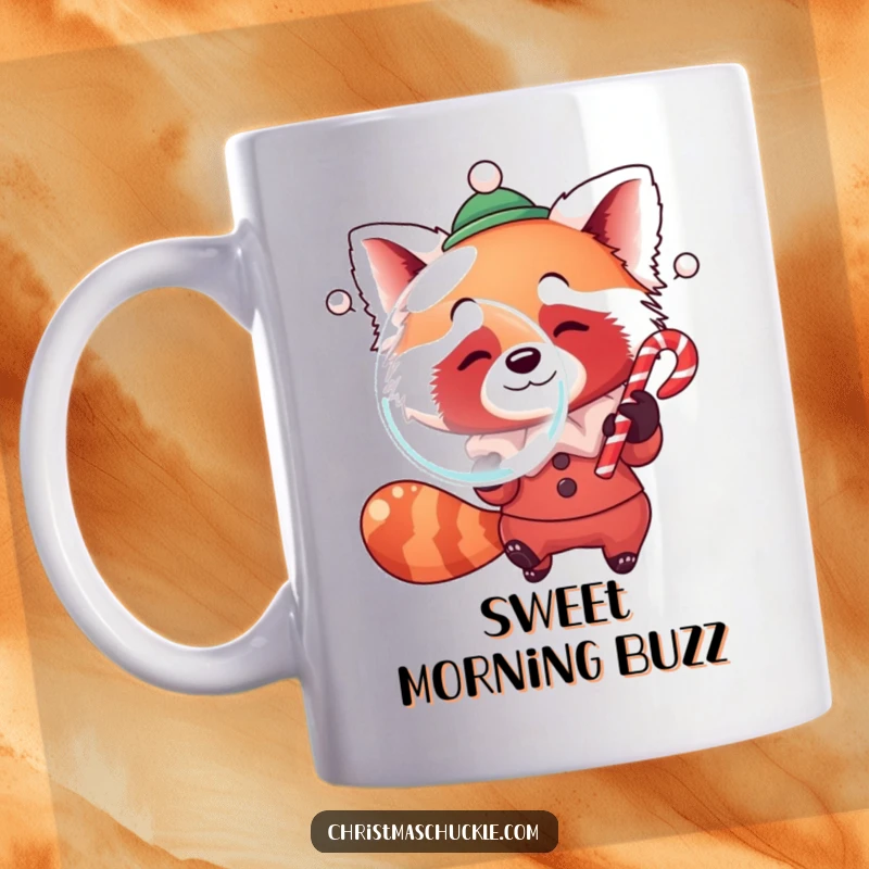 Funny mug featuring a red panda in clown attire, humorously blowing a giant bubble with a candy cane, looking mischievous.