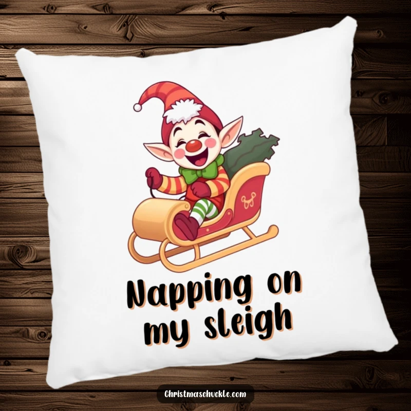 Funny elf clown pillow, soft and giddy, riding a miniature sleigh, a humorous and comfortable home decor gift.