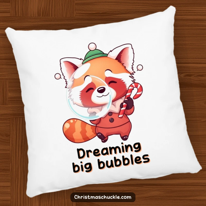 Funny pillow featuring a red panda dressed as a clown, humorously blowing a giant bubble with a candy cane, offering soft comfort.