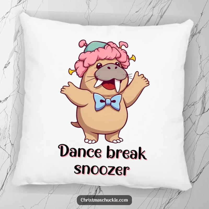 Funny pillow featuring a cheerful walrus dressed as a clown, wearing a wig and bowtie, caught in a hilarious silly dance pose.