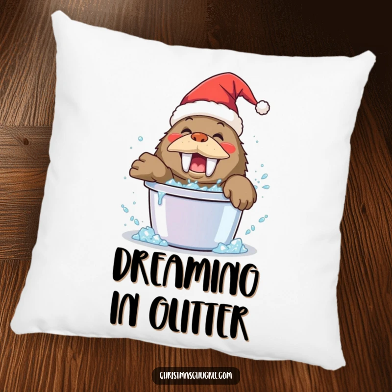 Funny walrus clown pillow, wearing a Santa hat, playfully splashing in a bucket of glitter, soft and amusing decor.