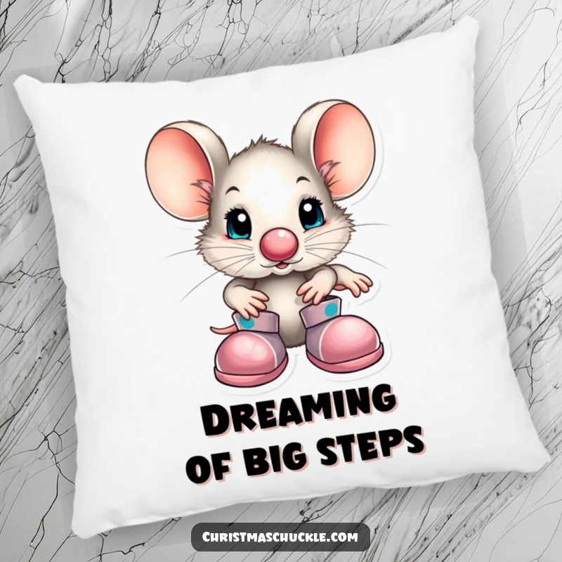 Funny little mouse character in clown attire with a big nose and shoes, depicted on a soft decorative pillow for cozying up with a smile.