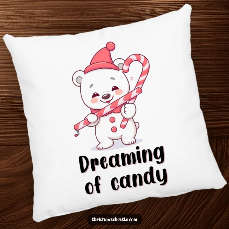 Funny polar bear clown pillow, soft and cheerful, balancing a candy cane, a humorous and comfortable home decor gift.