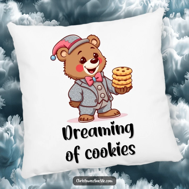 Funny bear clown pillow, wearing a sparkly suit, determinedly balancing a stack of festive cookies, soft and amusing decor.