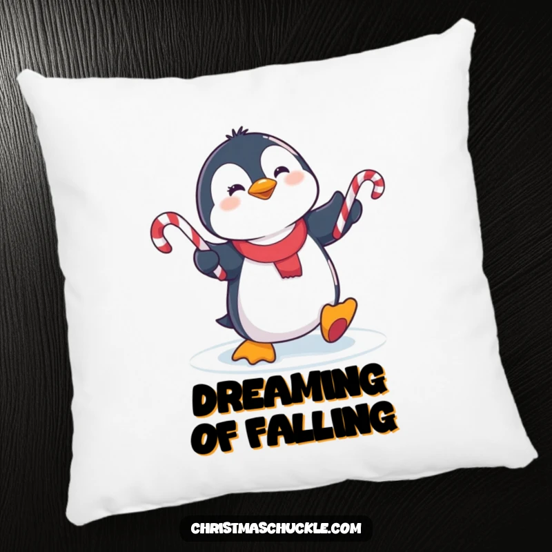 Funny cute penguin slipping on ice, juggling candy canes on a cozy pillow, offering comfort and winter humor.