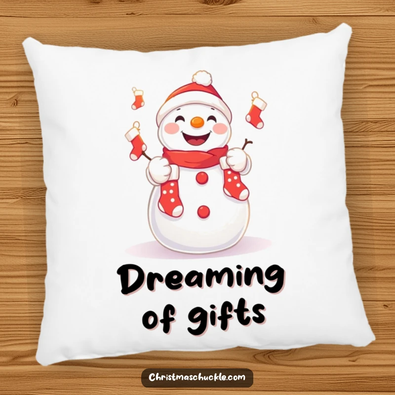 Funny pillow featuring a cute kawaii snowman juggling small Christmas stockings, plush and humorous holiday decor.