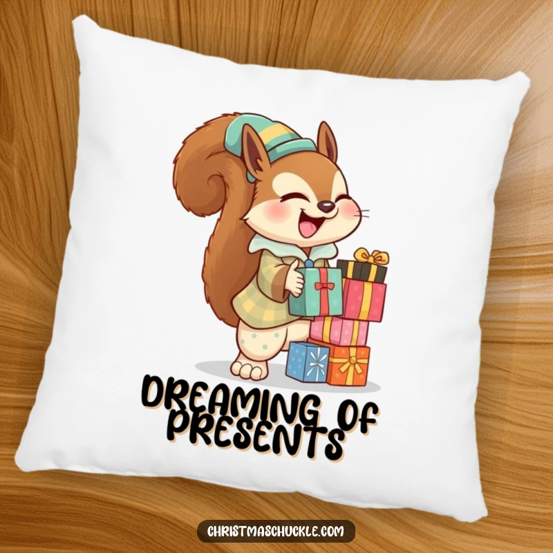 Funny squirrel clown pillow showing a giggling squirrel in a clown suit, balancing presents, perfect for soft comfort.