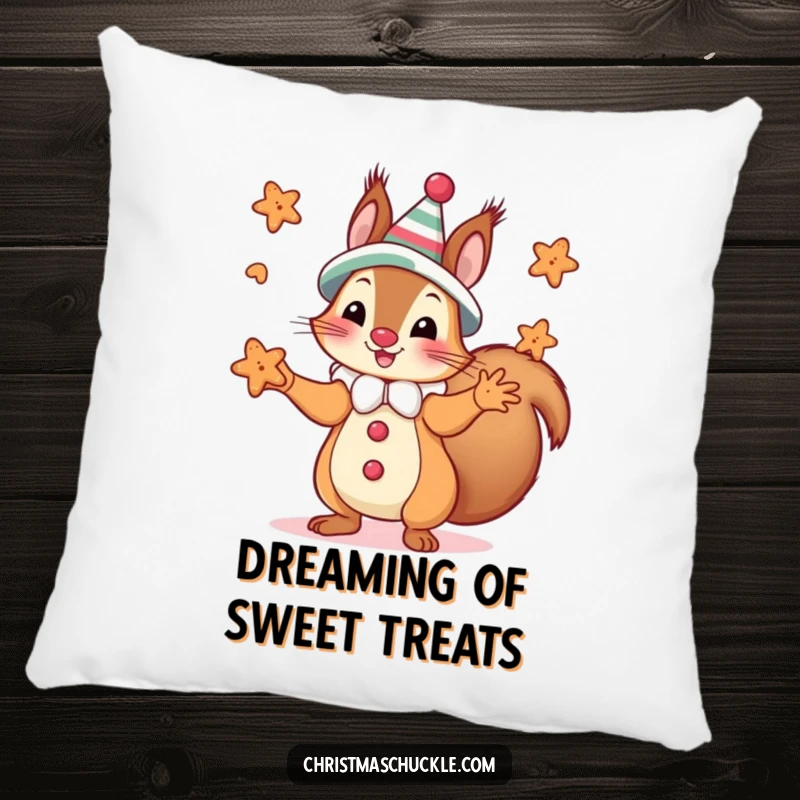 Funny squirrel in clown costume juggling small gingerbread cookies, featured on a soft and funny pillow.