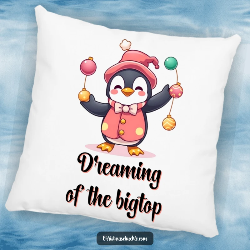Funny pillow featuring a cute penguin clown juggling baubles, providing comfort and a humorous, festive aesthetic for any room.