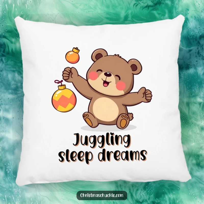 Funny pillow design of a happy bear character clumsily juggling three brightly colored ornaments, offering soft, festive comfort.