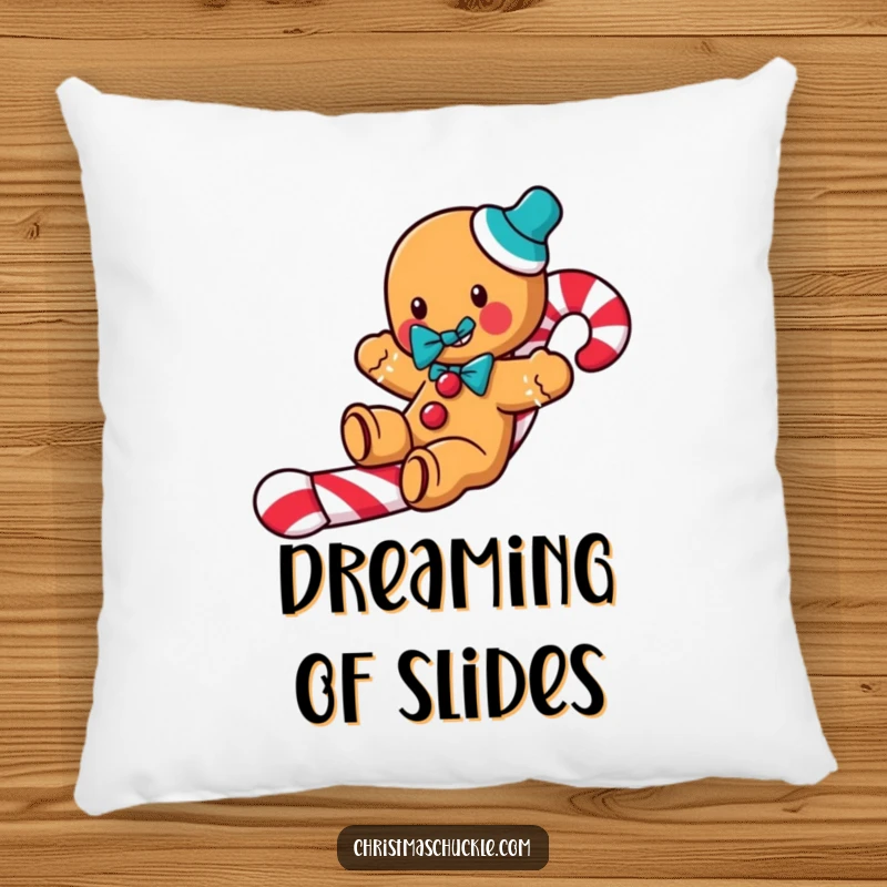 Funny Gingerbread Clown Pillow: A jolly gingerbread man slides down a candy cane, offering soft comfort and holiday humor.