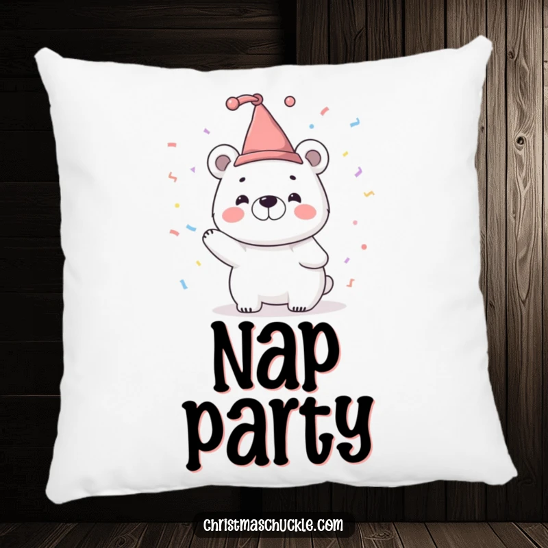 Funny pillow showcasing a smiling polar bear character wearing a tiny jester hat and tossing confetti, bringing festive comfort.