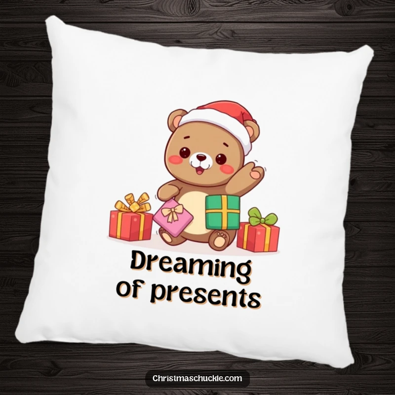 Funny kawaii bear Santa juggling presents, a soft decorative pillow bringing holiday cheer and humorous comfort to any space.