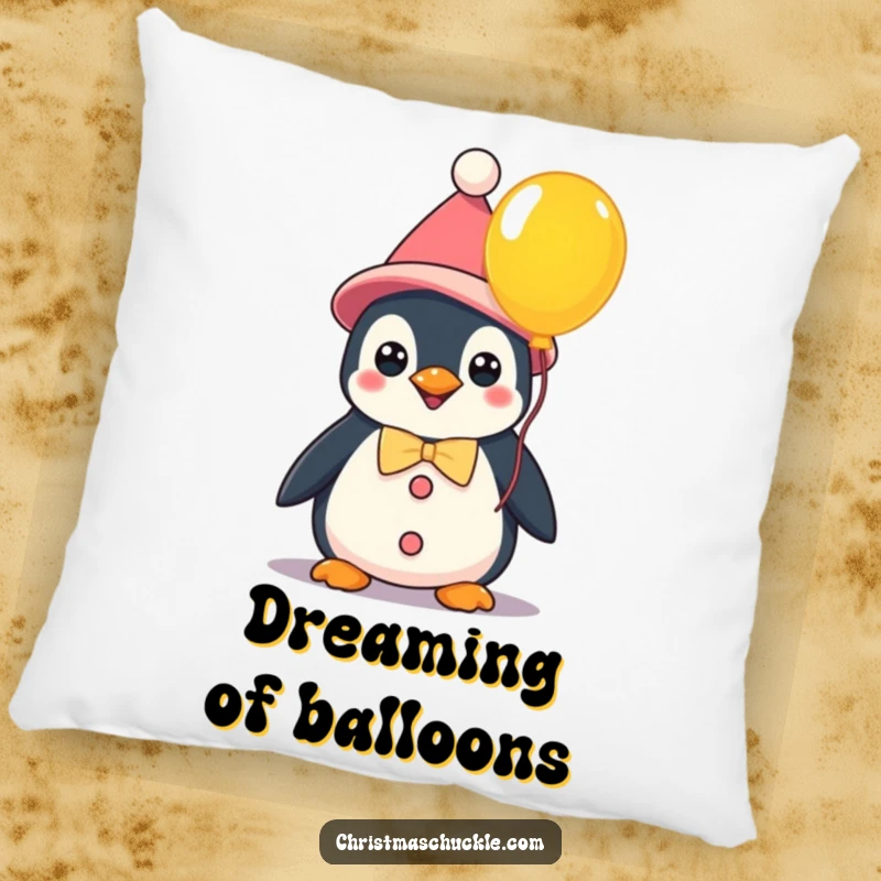 Funny kawaii penguin clown holding a balloon, a soft decorative pillow bringing whimsical humor and cheerful comfort to any space.