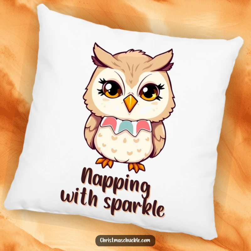 Funny pillow design of an owl with a clown collar, giving a playful wink with sparkling eyes, offering soft, wise comfort.