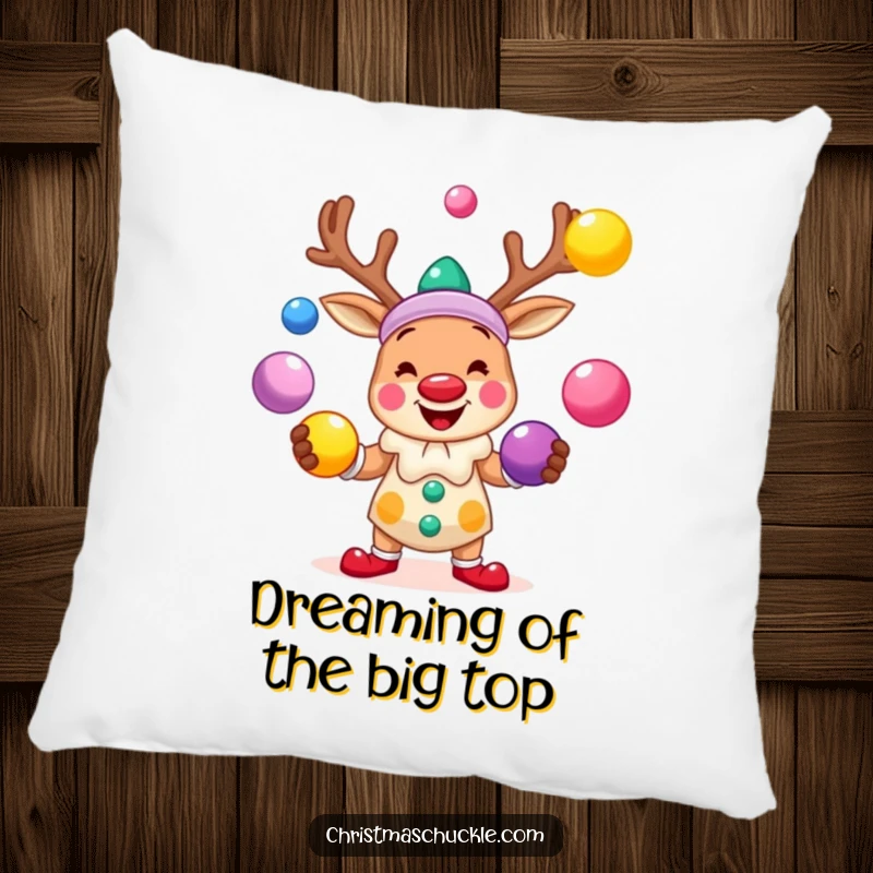 Funny pillow featuring a smiling reindeer clown juggling brightly colored balls, providing cozy comfort and festive, playful decor.