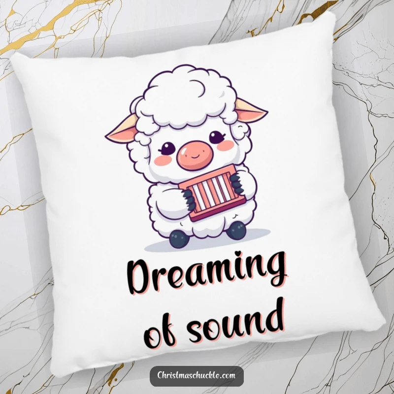 Funny pillow featuring a fluffy sheep clown playing a concertina, providing comfort and a humorous, musical aesthetic for any room.