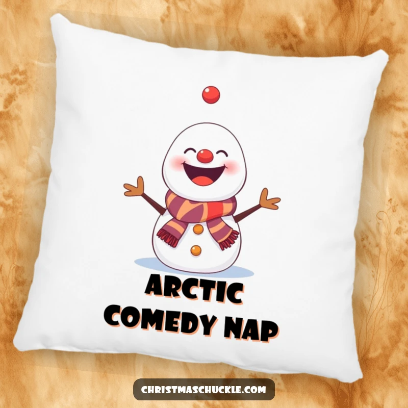 Funny snowman pillow, a clown-grinning snowman comically juggling snowflakes, soft and humorous home decor.