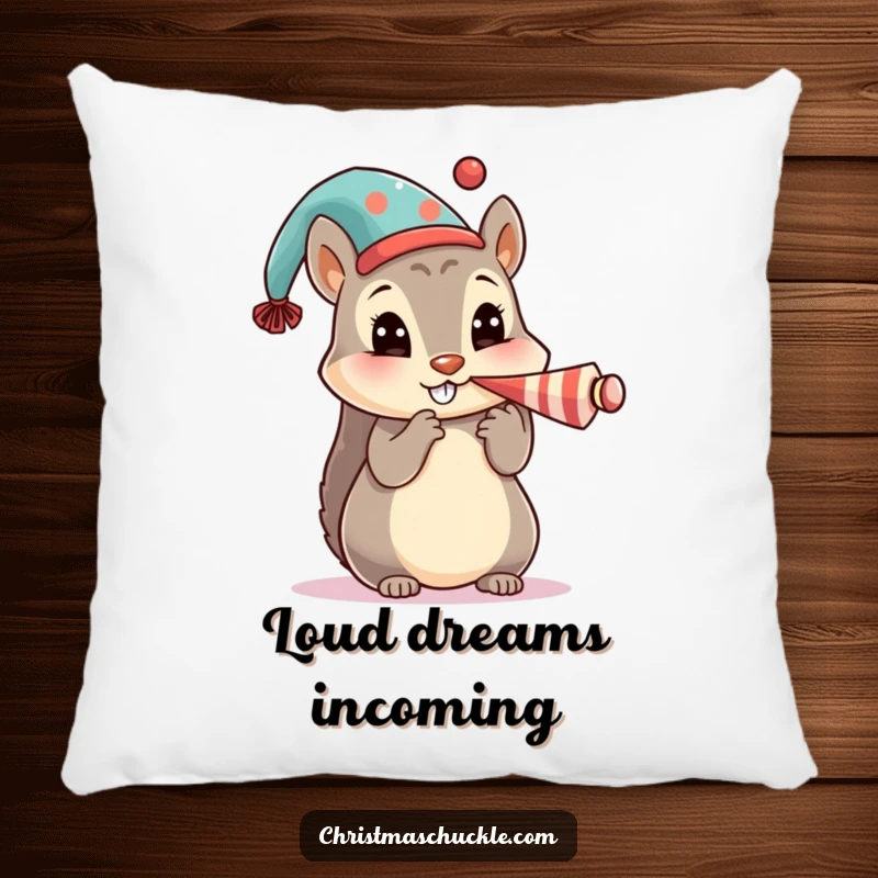 Funny pillow depicting a cute squirrel character in a festive hat, honking a tiny clown horn, perfect for playful comfort.