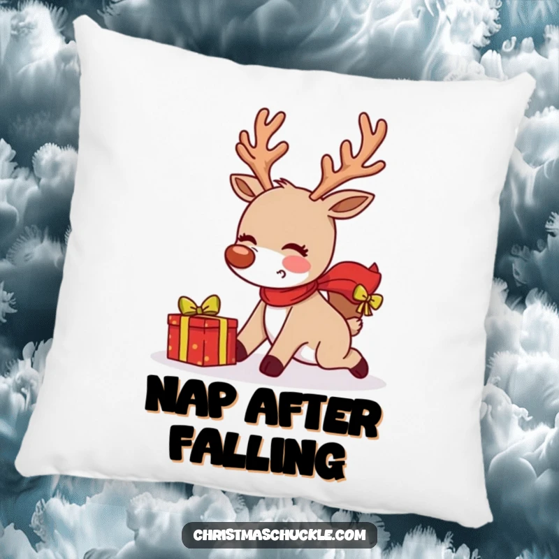 Funny blushing reindeer tripping while delivering a gift on a cozy pillow, offering comfort and holiday humor.