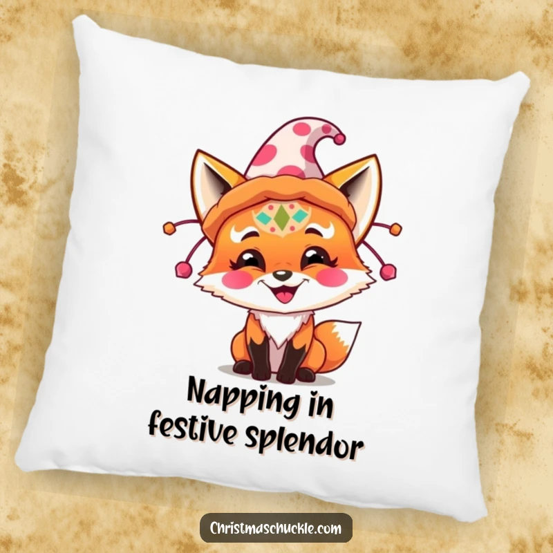 Funny fox, clown makeup, oversized hat, soft and decorative funny pillow for a couch or bed.