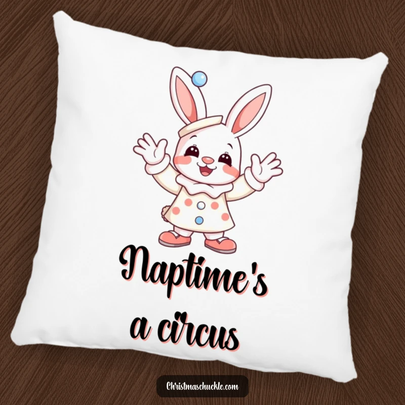 Funny pillow featuring a joyful bunny dressed as a clown, enthusiastically waving, offering comfort and a humorous companion.