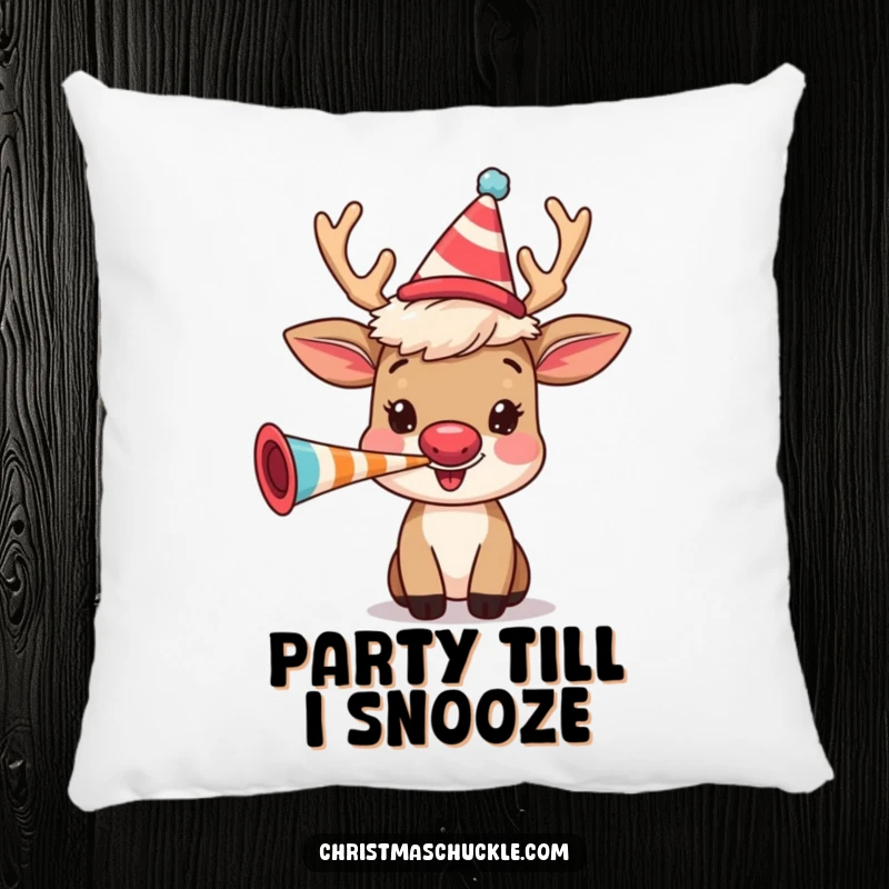 Funny happy reindeer wearing a clown wig and blowing a party horn, featured on a soft and decorative pillow for cozy moments.