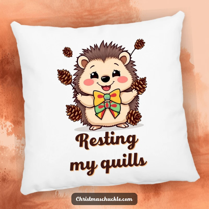 Funny pillow showcasing a happy hedgehog in a clown bowtie, juggling pinecones for playful comfort.