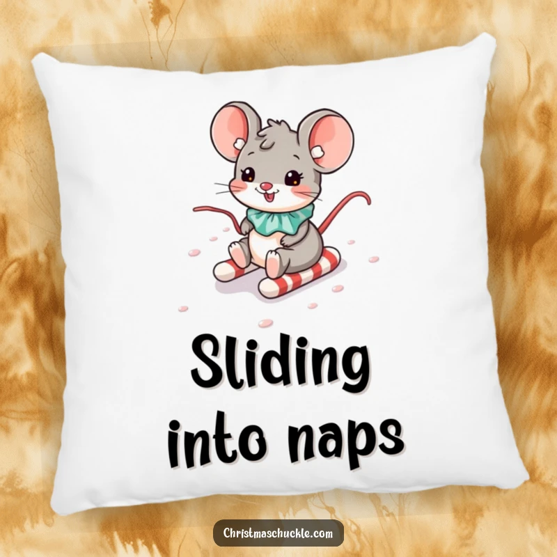 Funny pillow featuring a cute mouse dressed in a clown collar, sliding down a sugary candy cane hill.