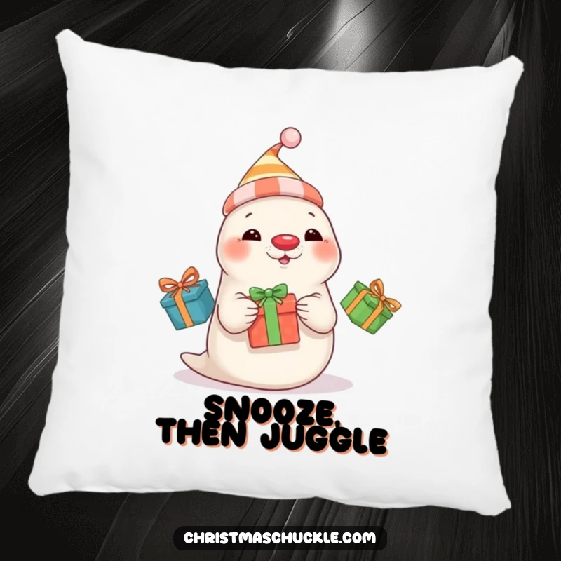 Funny seal clown wearing a hat and red nose juggles three presents, a soft and humorous decorative pillow.