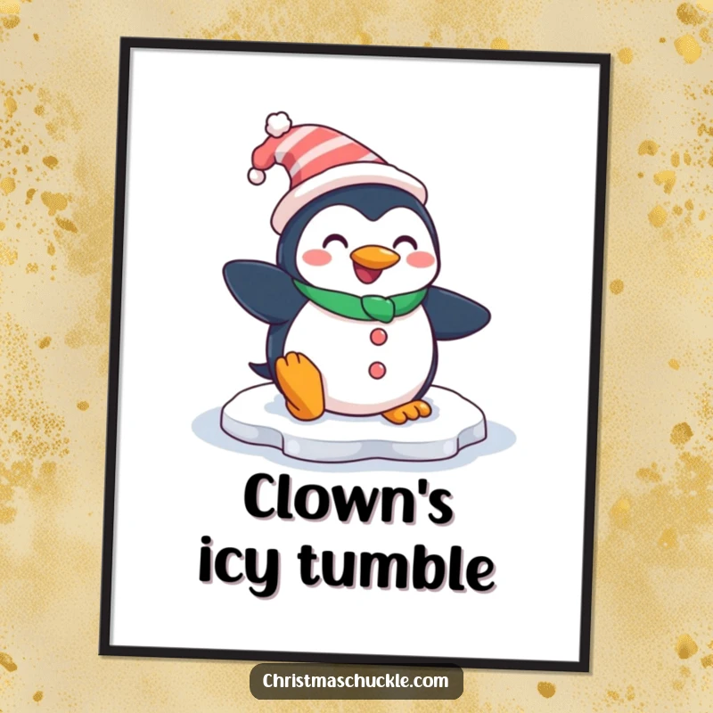 Funny digital art print of a smiling penguin dressed as a clown, comically slipping on an icy patch, offering instant humorous decor.