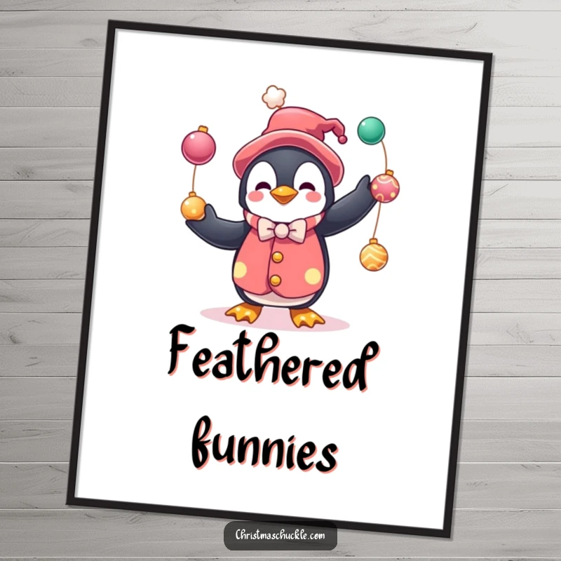 Funny digital art print of a penguin clown juggling baubles, perfect for wall decor, conveying festive fun and adding humorous charm.
