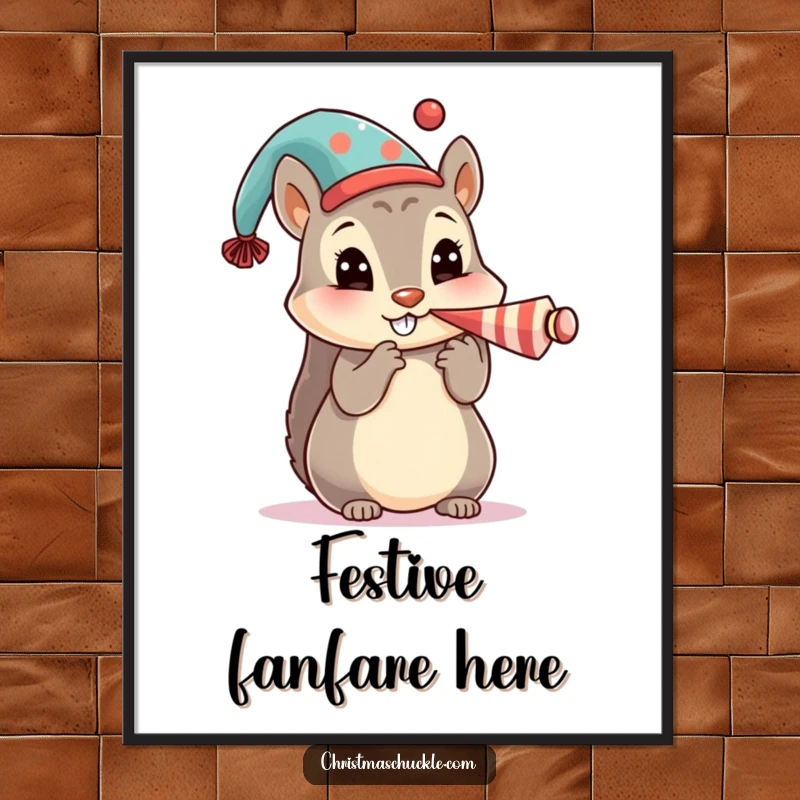 Funny digital art print of a cute squirrel character in a festive hat, honking a tiny clown horn with playful spirit.