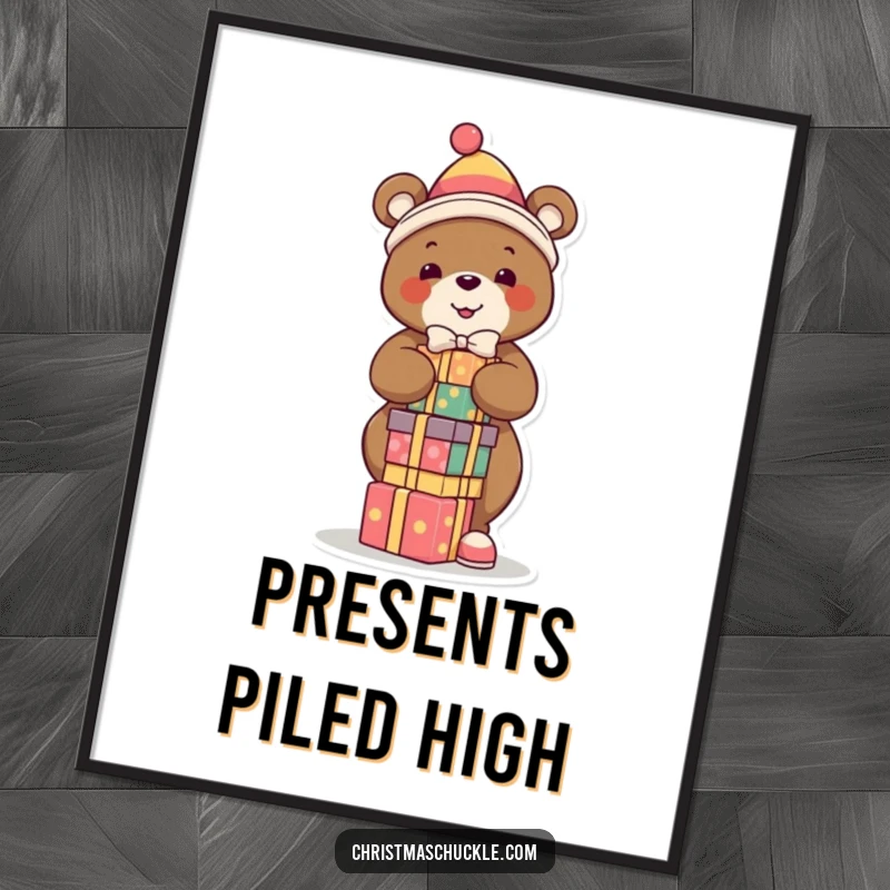 Funny digital art print of a bear clown balancing presents, perfect for wall decor, conveying festive fun and adding humorous charm.