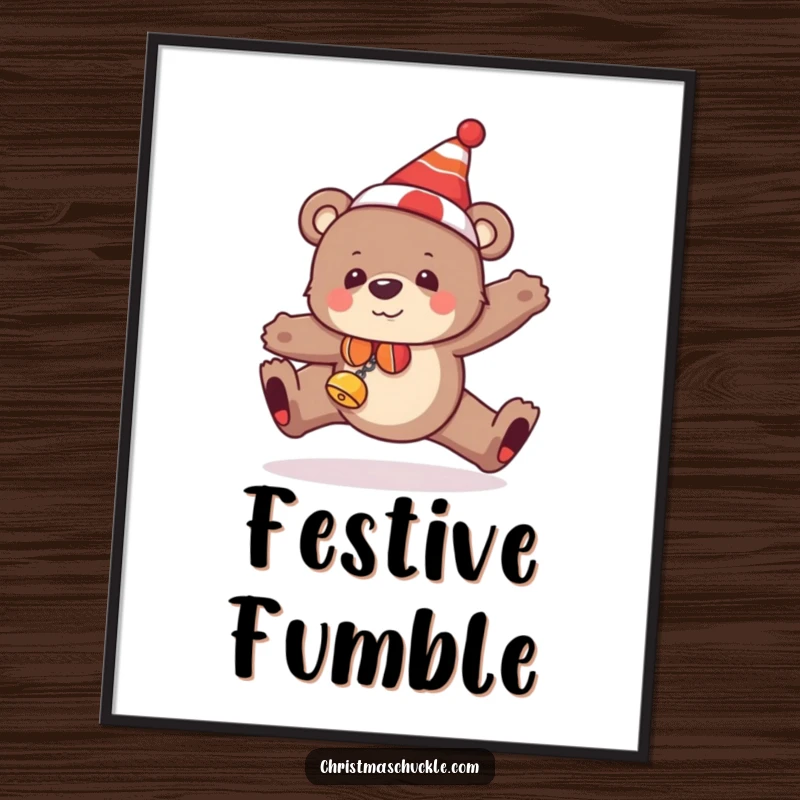 Funny bear digital art print showing a festive bear tripping, perfect for adding holiday cheer and laughter to any room.