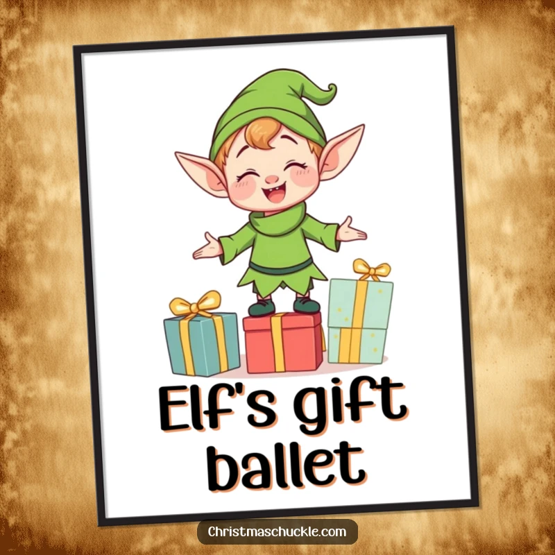 Funny clumsy elf character enthusiastically balancing holiday presents, offered as a high-resolution digital art print for instant festive wall decor.