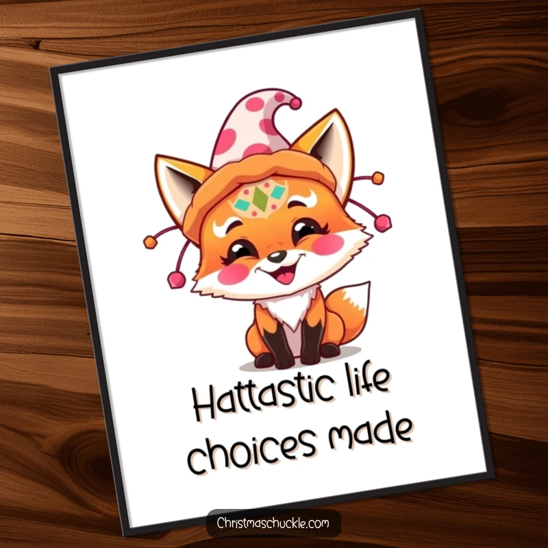 Funny fox with clown makeup and a giant festive hat, ready to be printed as humorous digital wall art.