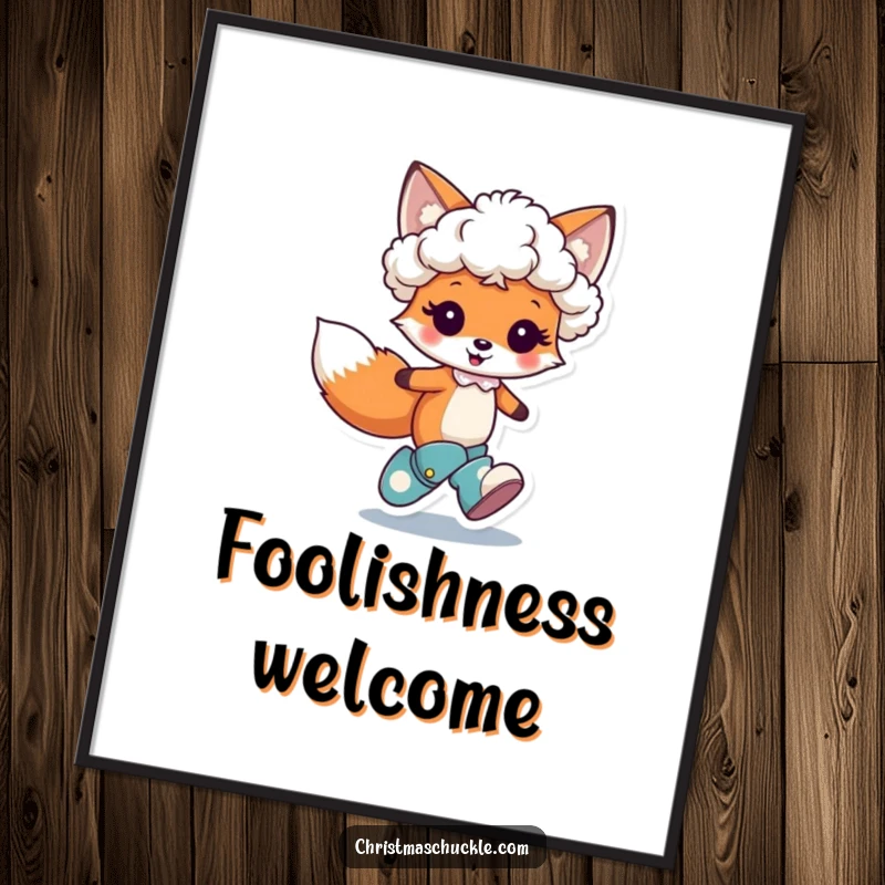 Funny digital art print of a cute fox character hopping joyfully, wearing a tiny clown wig and oversized boots, ready for instant fun.