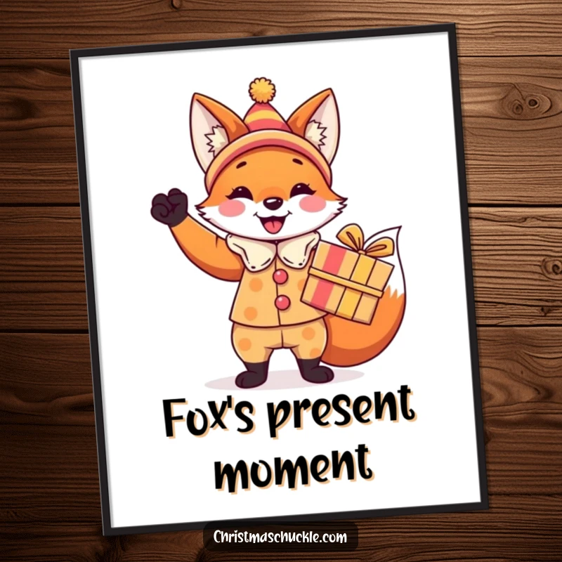 Funny fox digital art print, a festive fox in a clown costume holding a brightly wrapped gift, instant festive decor.