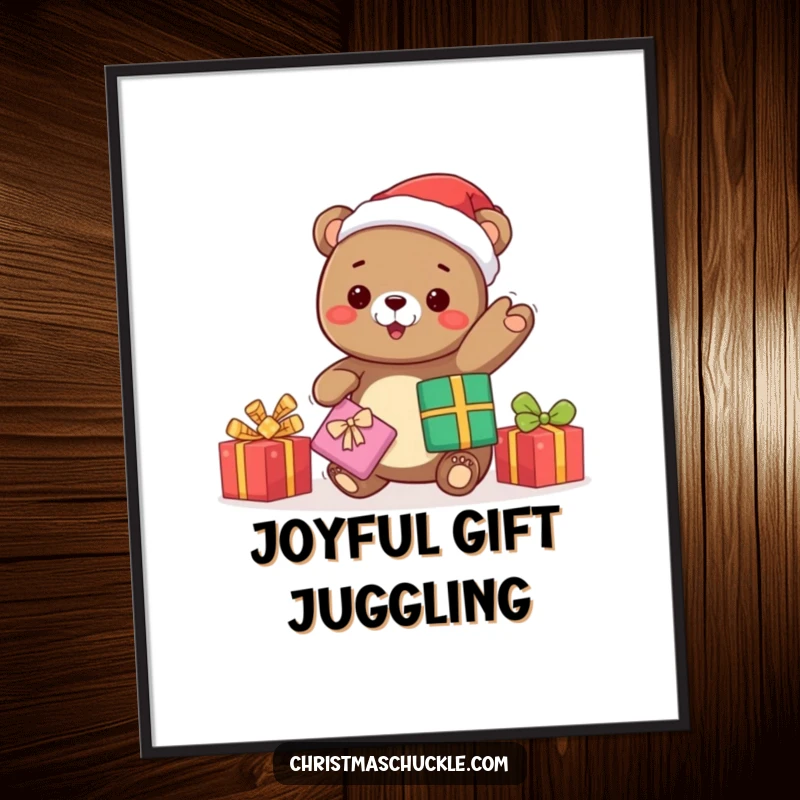 Funny kawaii bear Santa juggling presents, a digital art print bringing instant holiday cheer and humorous festive vibes.