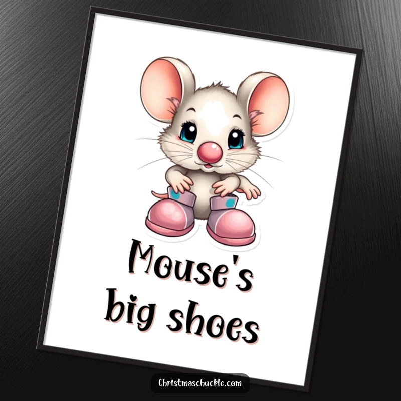 Funny little mouse character wearing a tiny clown nose and huge shoes, offered as a high-resolution digital art print for instant wall decor.